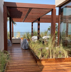 Gulita,  Deck floor and Pergola Worli.  Old BTC Wood terrace deck, shop fabricated  panels on MS extended platform